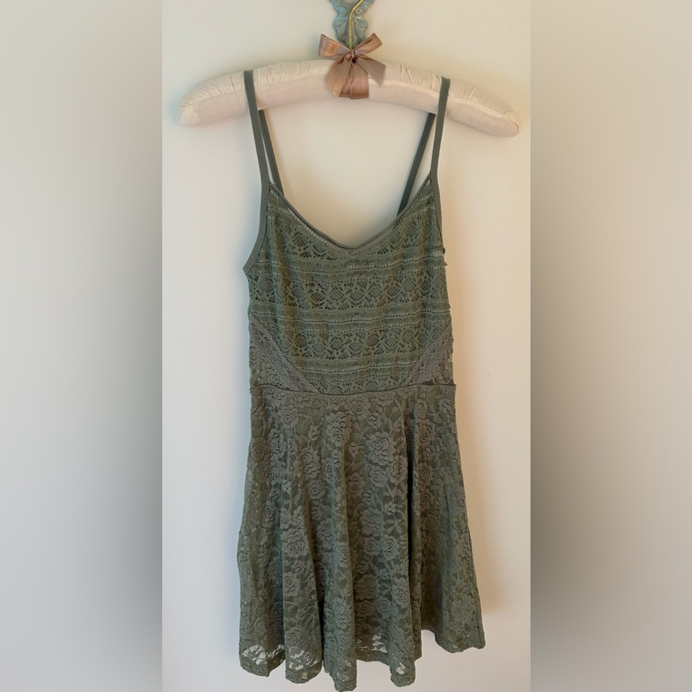 Lace A-Line Spaghetti Strap Dress in Olive Green